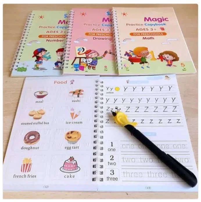 Magic Practice Book 4 Pieces Set + 1 Pen + 10 Refills Reusable Handwriting